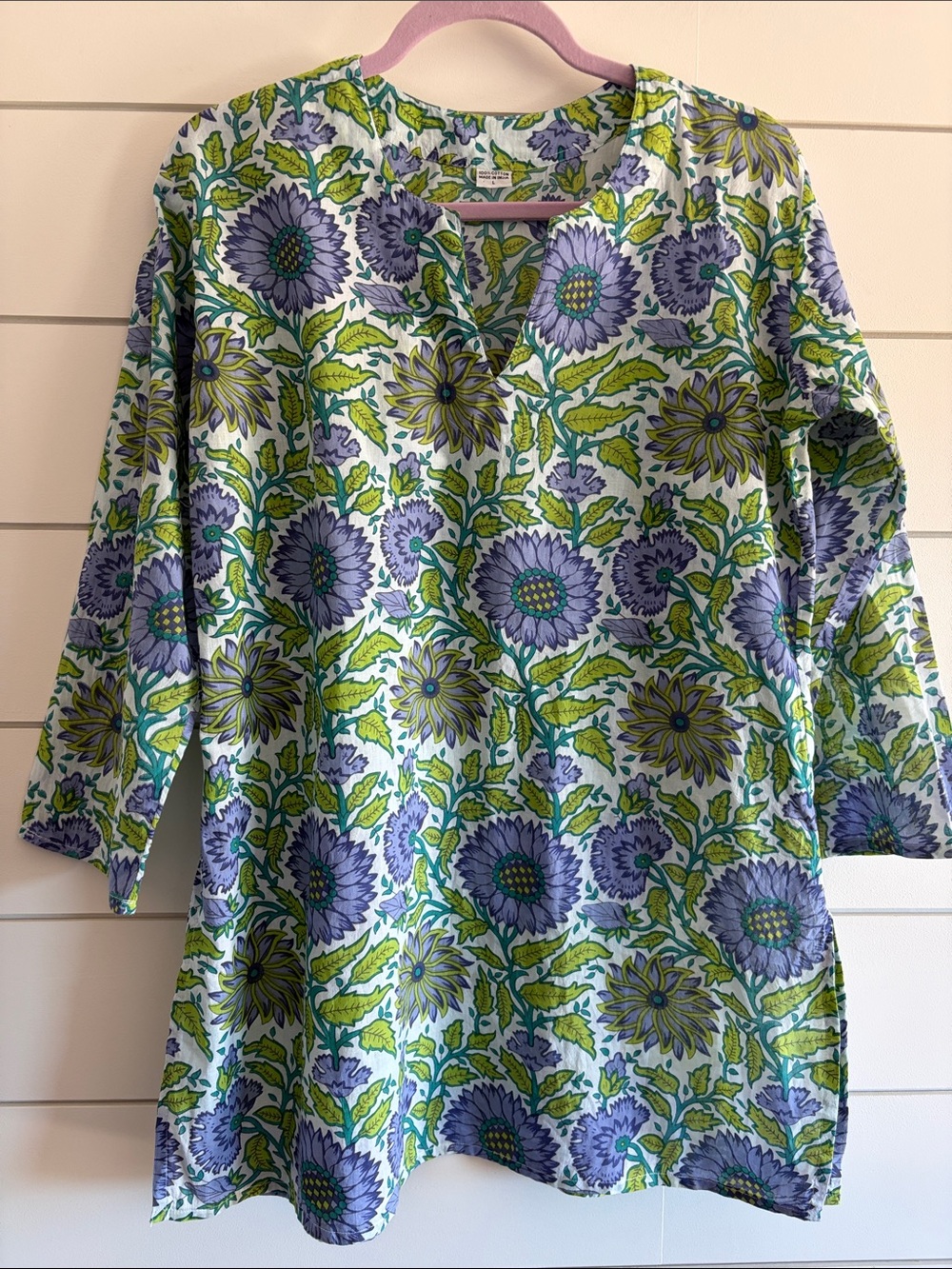Vibrant Purple & Green Floral Cotton Tunic Top Size Large